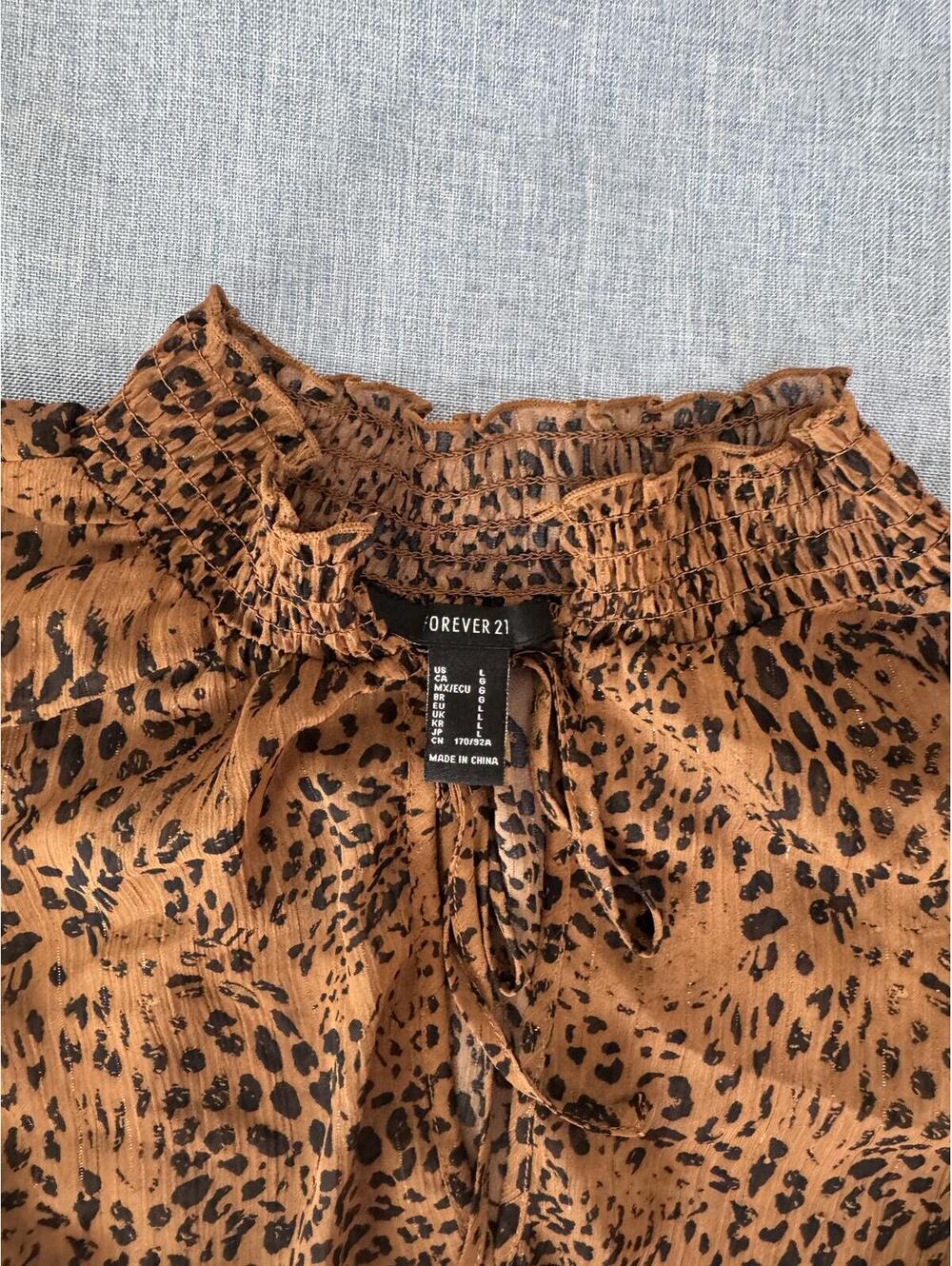Forever 21 Leopard Print Smocked Peasant Blouse | Sheer Boho Top - Picture 7 of 8